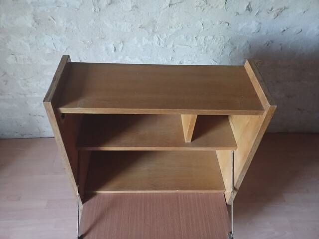 Vintage 1960s secretary with slanted design, light wood, compass legs