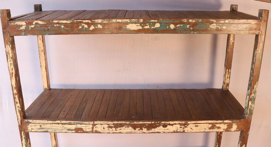 Ancienne étagère d'atelier en teck birman patine teck-écrue d'origine