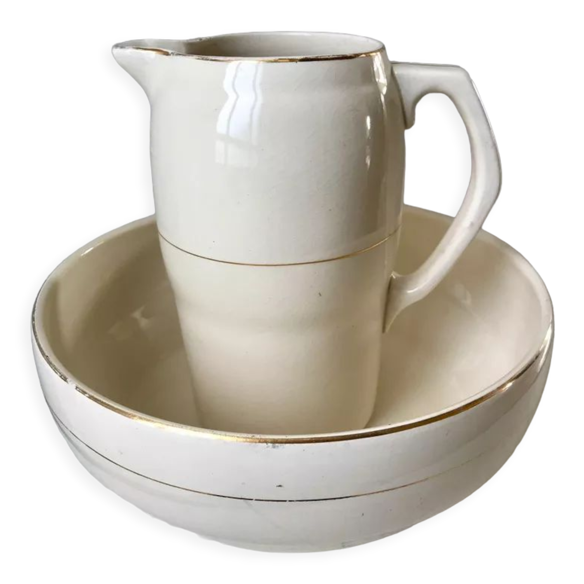 Toilet service in terre de fer longchamp cream with golden edging 40s-50s