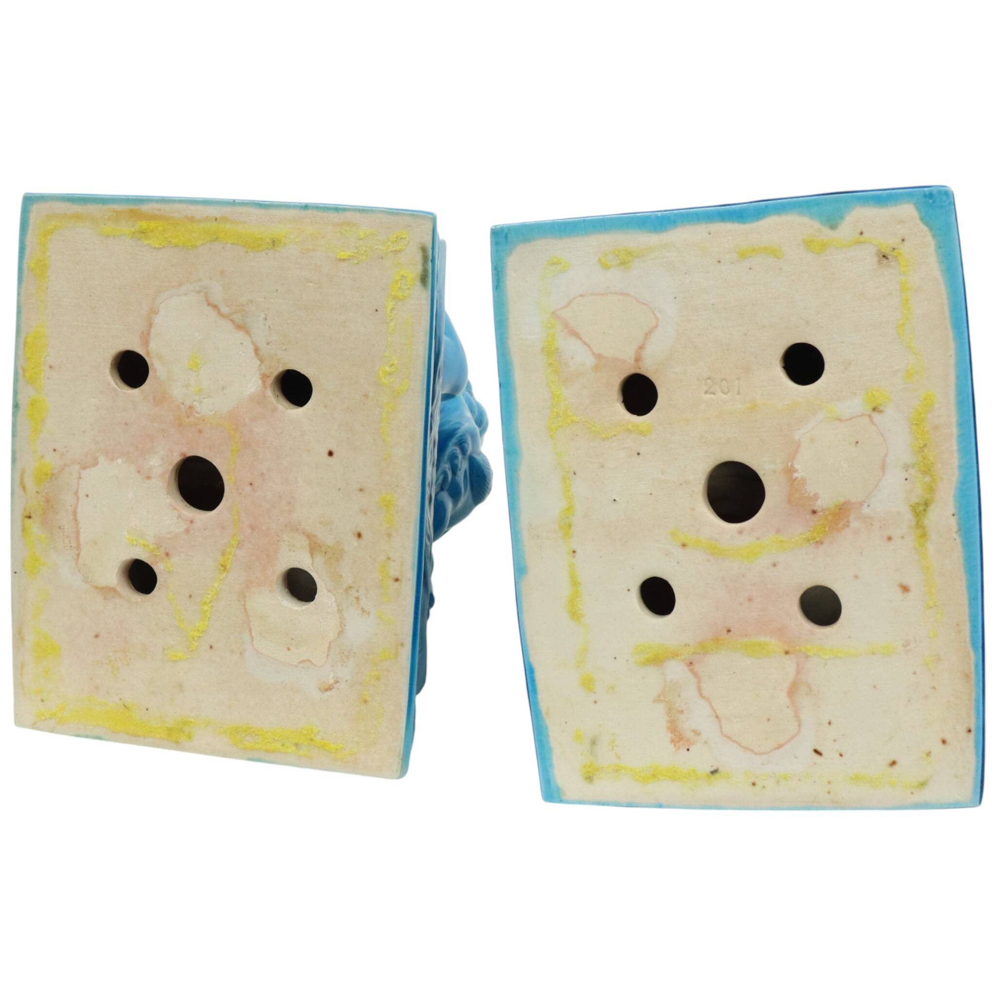 Large Temple Lion Statues Foo Dogs Blue Porcelain 25cm