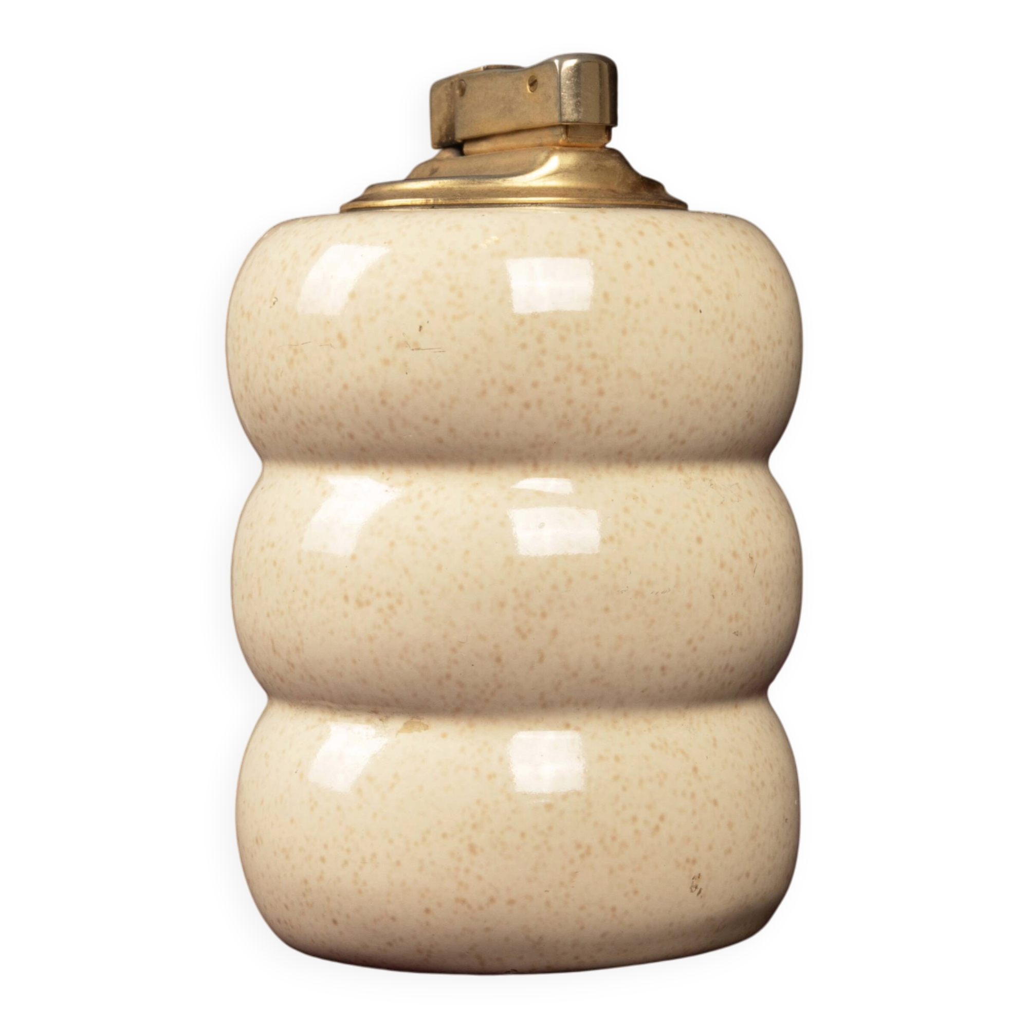 Tommaso Barbi Cream Speckled Ceramic and Brass Table Lighter 1970