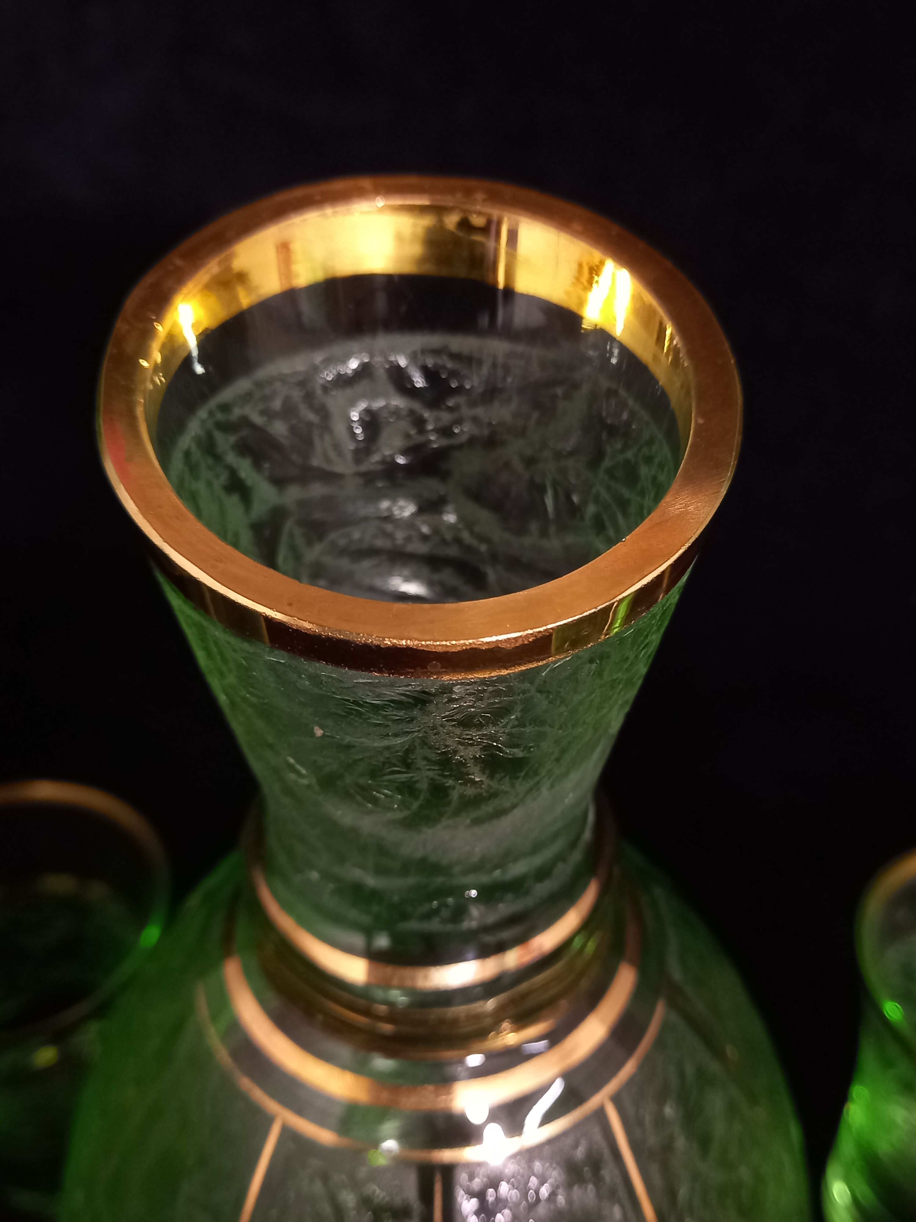 Art deco liqueur service in light green frosted glass