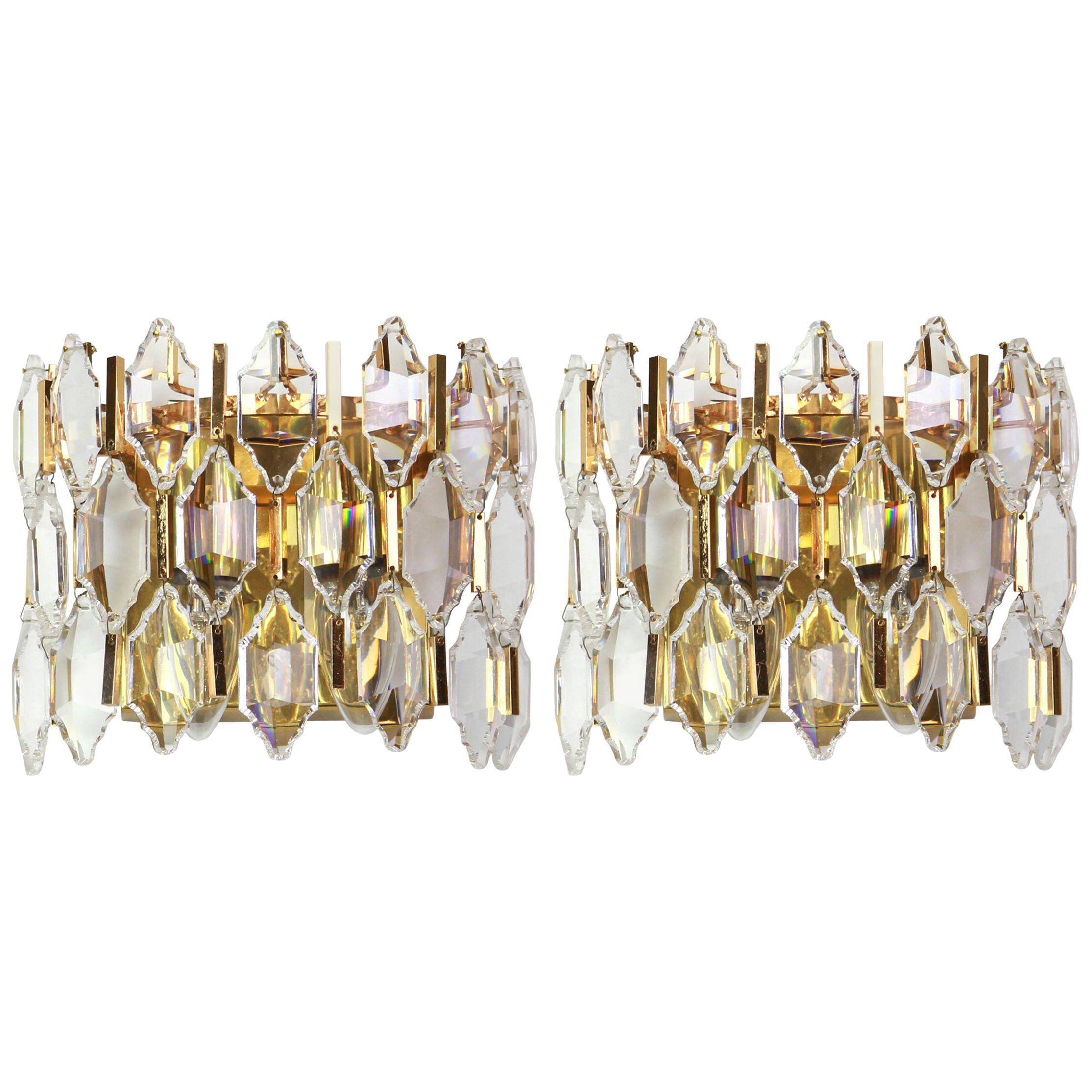 Pair of wall sconces in gilded brass and crystal by Palwa, Germany, 1970s.