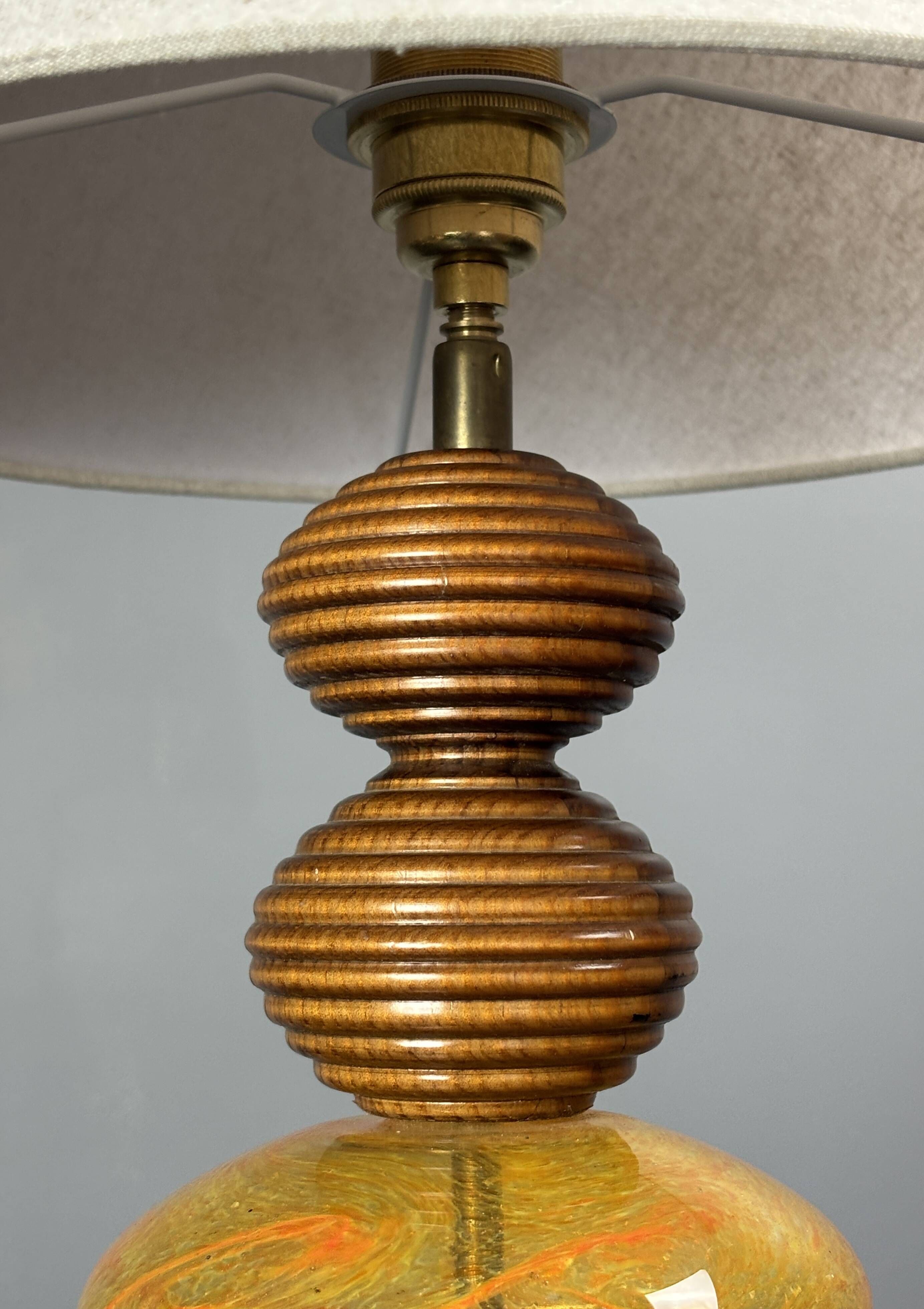 Midcentury wood turned adjustable table lamp with glass sphere, 1970s