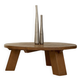 Table basse tripode ronde brutaliste en bois (Chêne) massif Circa 1960