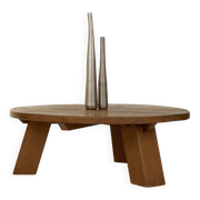 Brutalist round tripod coffee table in solid wood (Oak) Circa 1960