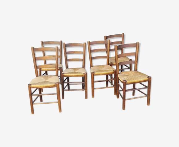 Ensemble de 6 chaises paillées vintage 70