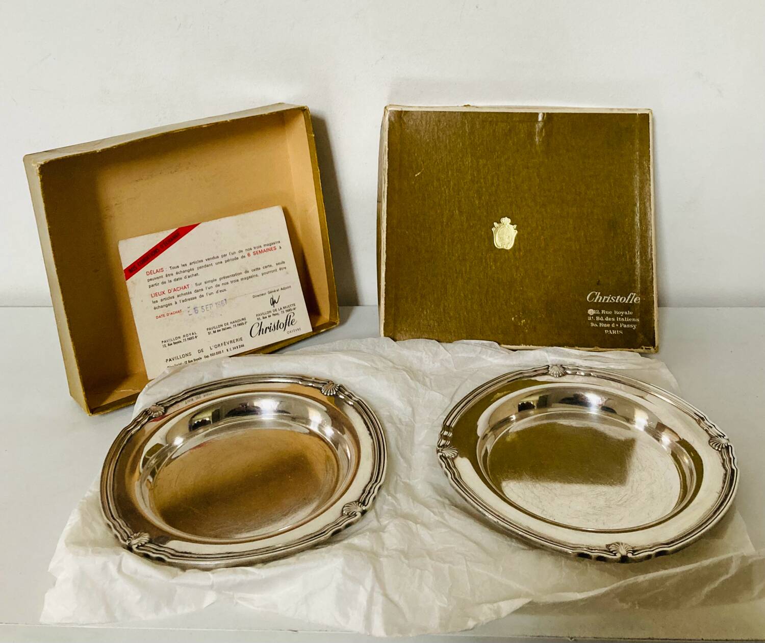 Christofle / galia trays in hallmarked silver metal in their case