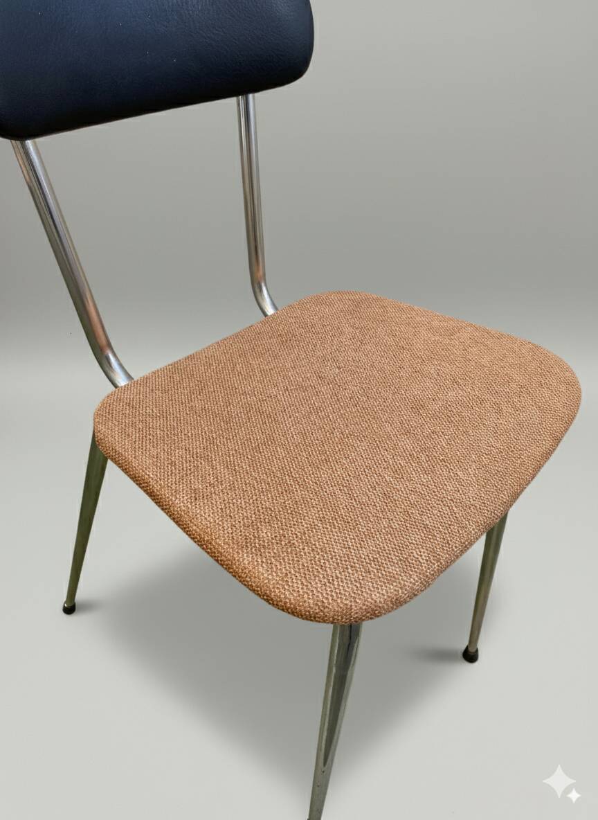 Pair of vintage chrome chairs, imitation leather & rust-orange cotton