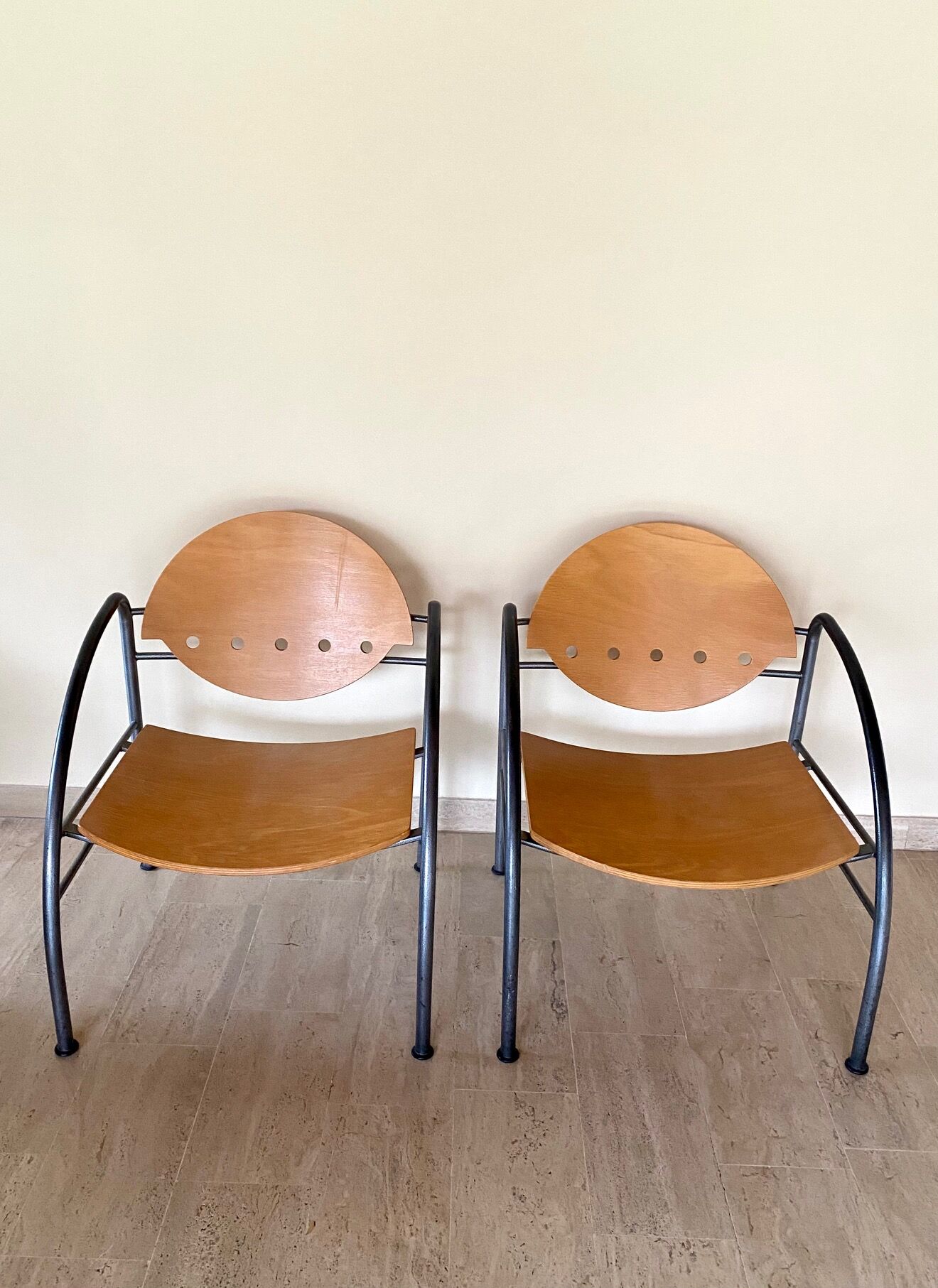 Pair of wooden and steel armchairs, 1980's