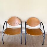 Pair of wooden and steel armchairs, 1980's