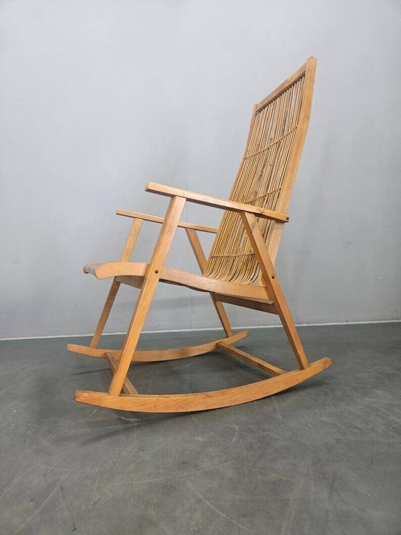 Rare Midcentury Wood and Rattan Rocking Chair, Denmark, 1960s