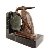 Art Deco spelter on marble bookends with cranes by Maurice Frecourt, France, 1920-30's