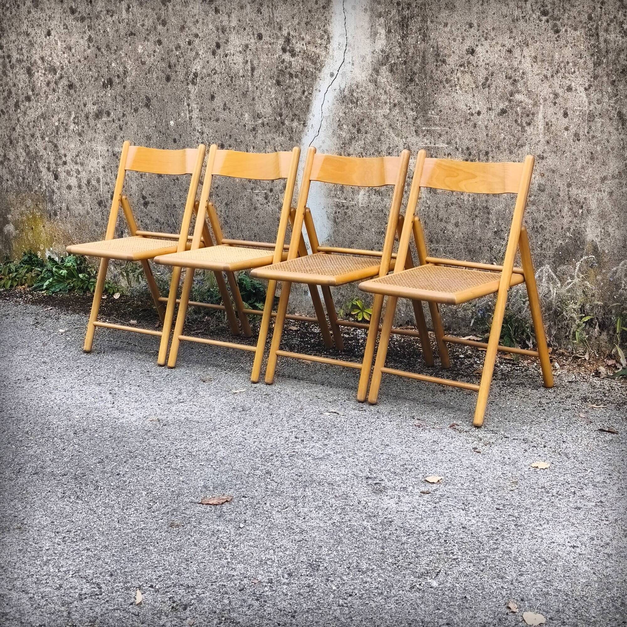 Set of 4 folding chairs in beech and caning by Habitat, 1980s.