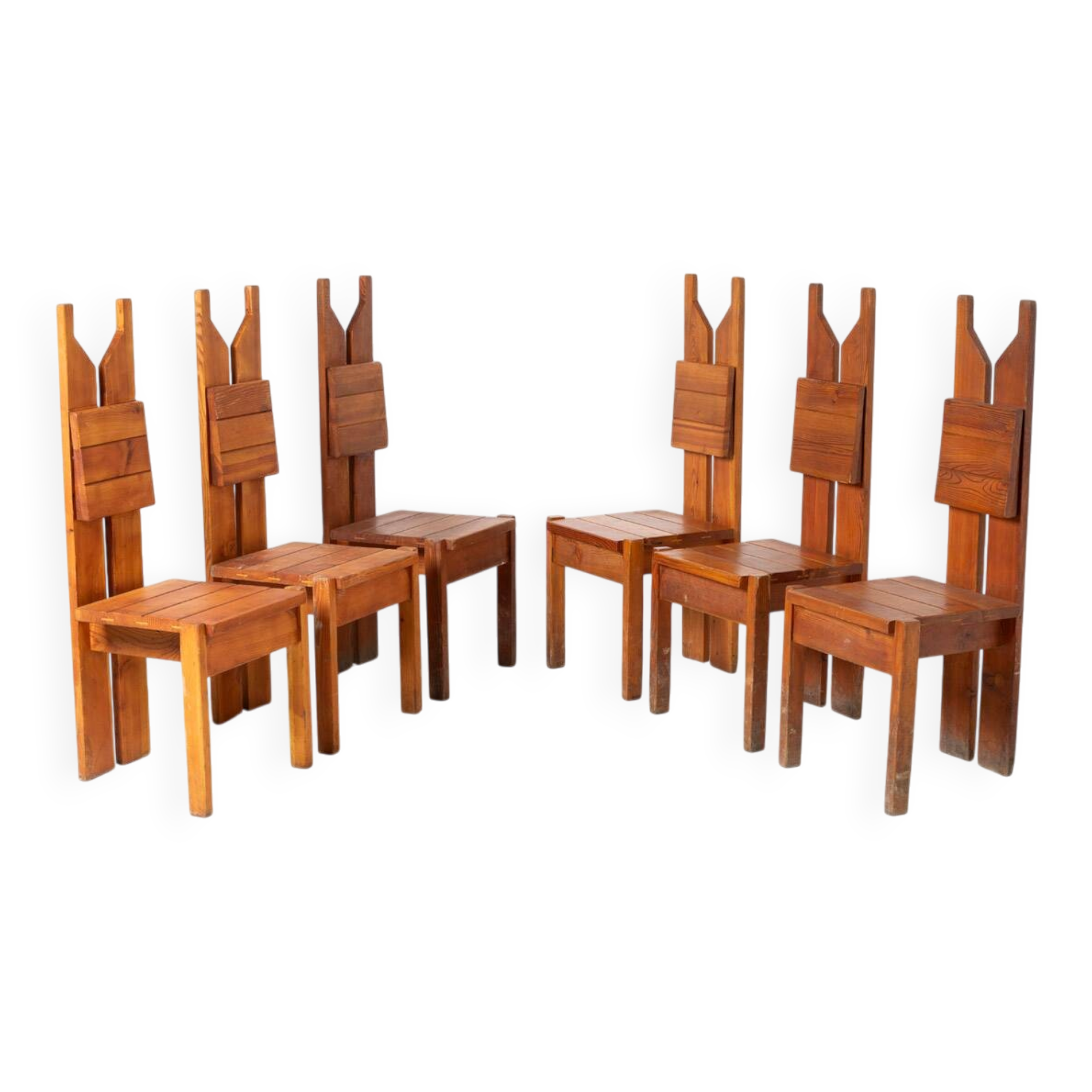 Unique architect designed brutalist set of 6 dining chairs in pine, Czechos