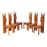 Unique architect designed brutalist set of 6 dining chairs in pine, Czechos