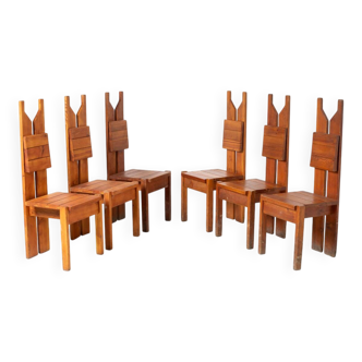 Unique architect designed brutalist set of 6 dining chairs in pine, Czechos