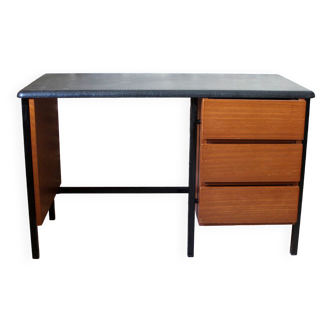 Bureau années 60 en métal bois et simili-cuir