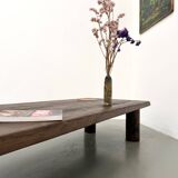 Modernist coffee table in solid elm, cylindrical pine base, 1970s.