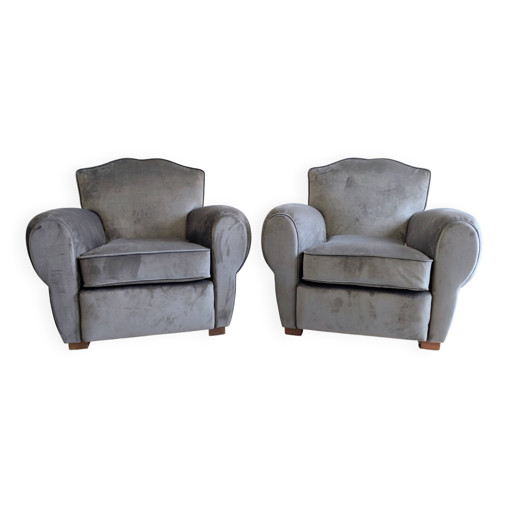 Pair of moustache club armchairs in elephant grey velvet.