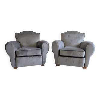 Pair of moustache club armchairs in elephant grey velvet.