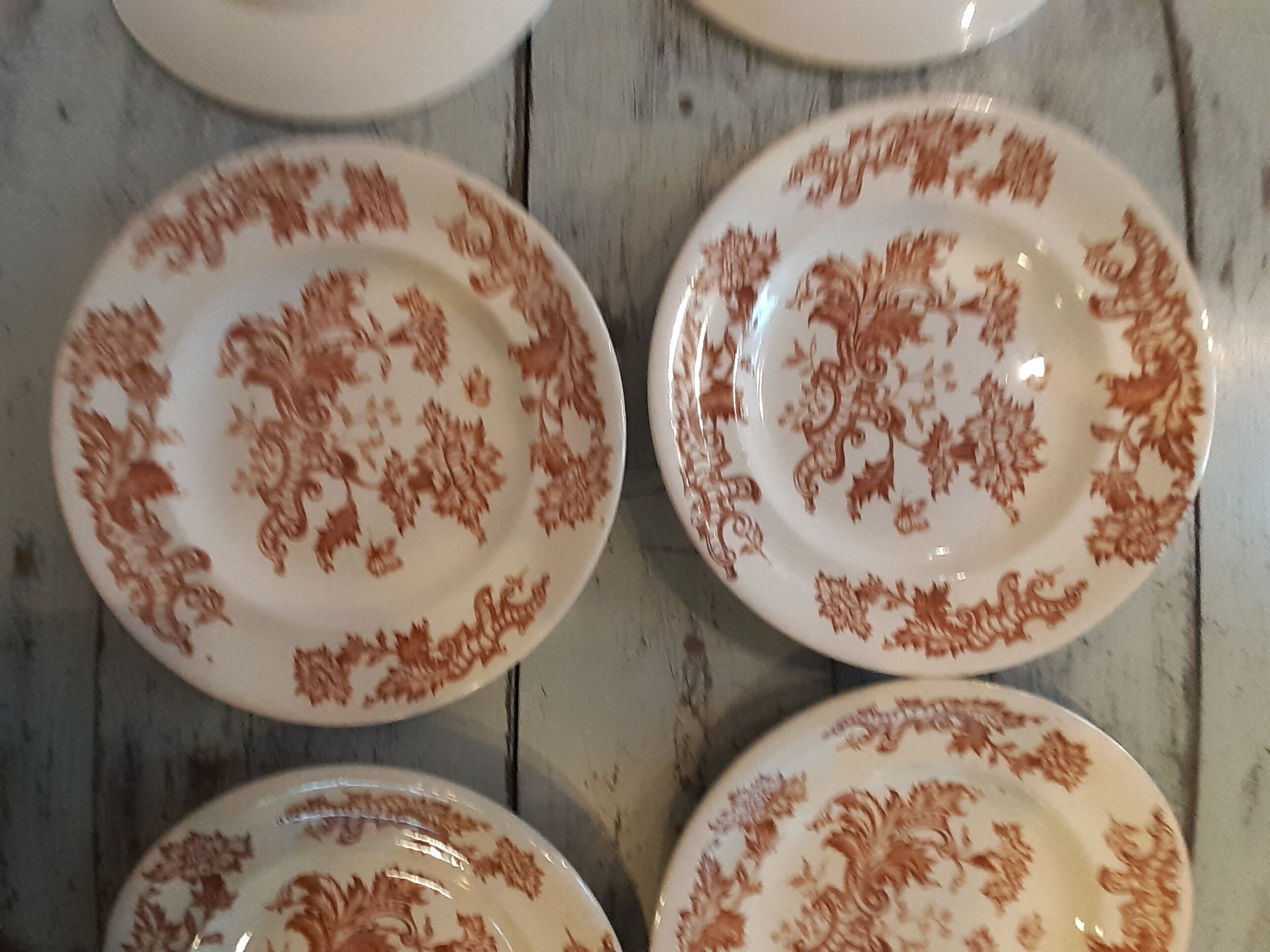 6 Flat plates old earthenware LONGWY FIMES brown decoration of flowers and butterflies