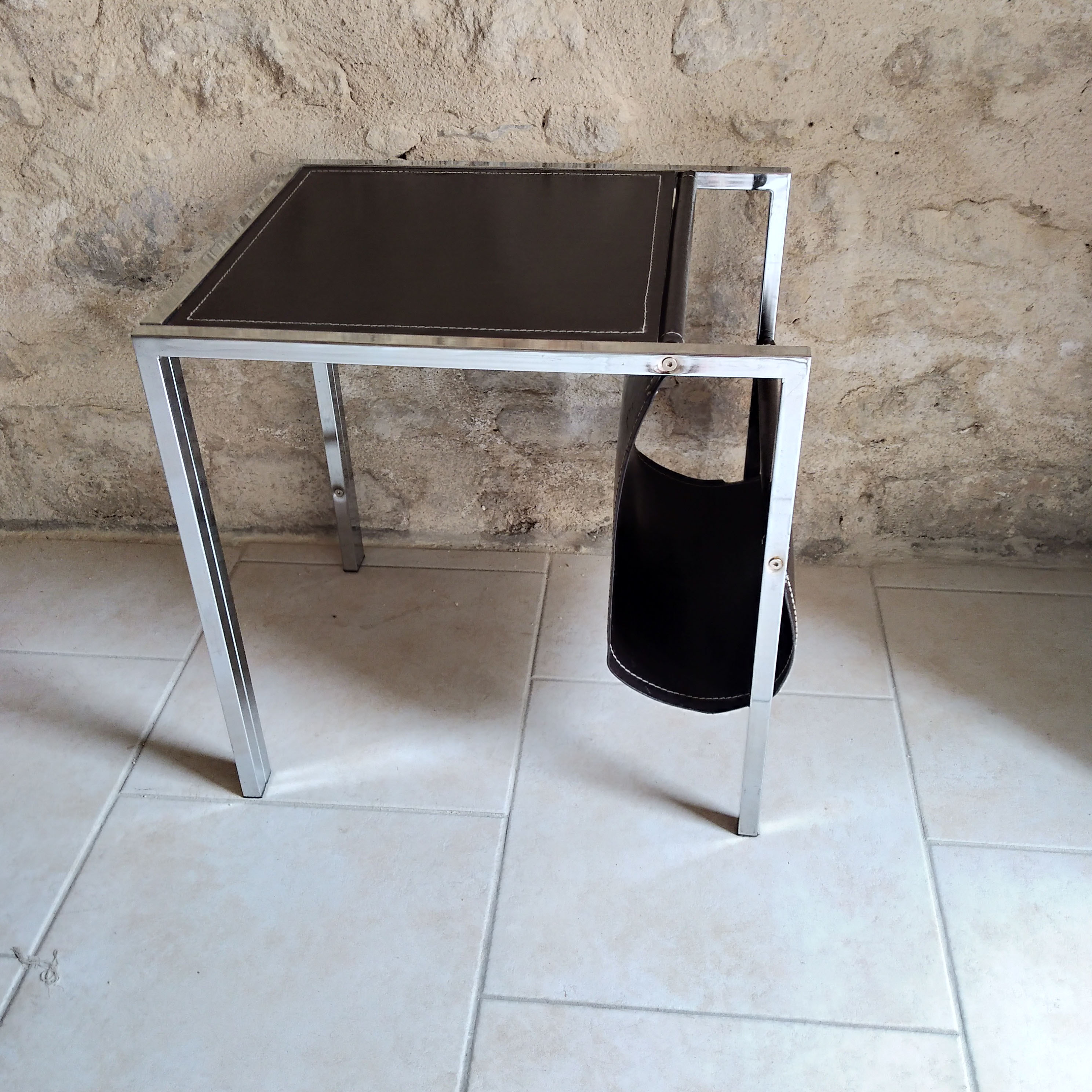 Leather and steel side table 1970