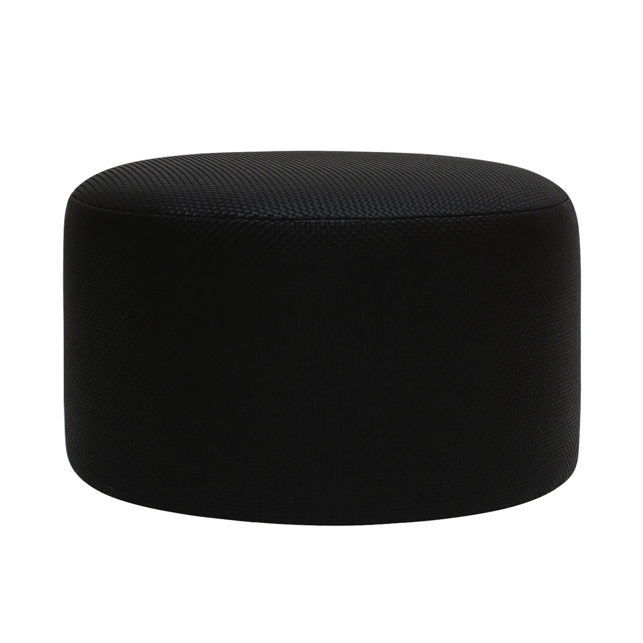 Contemporary Upholstered In Black Braided Lambskin Circular Pouff