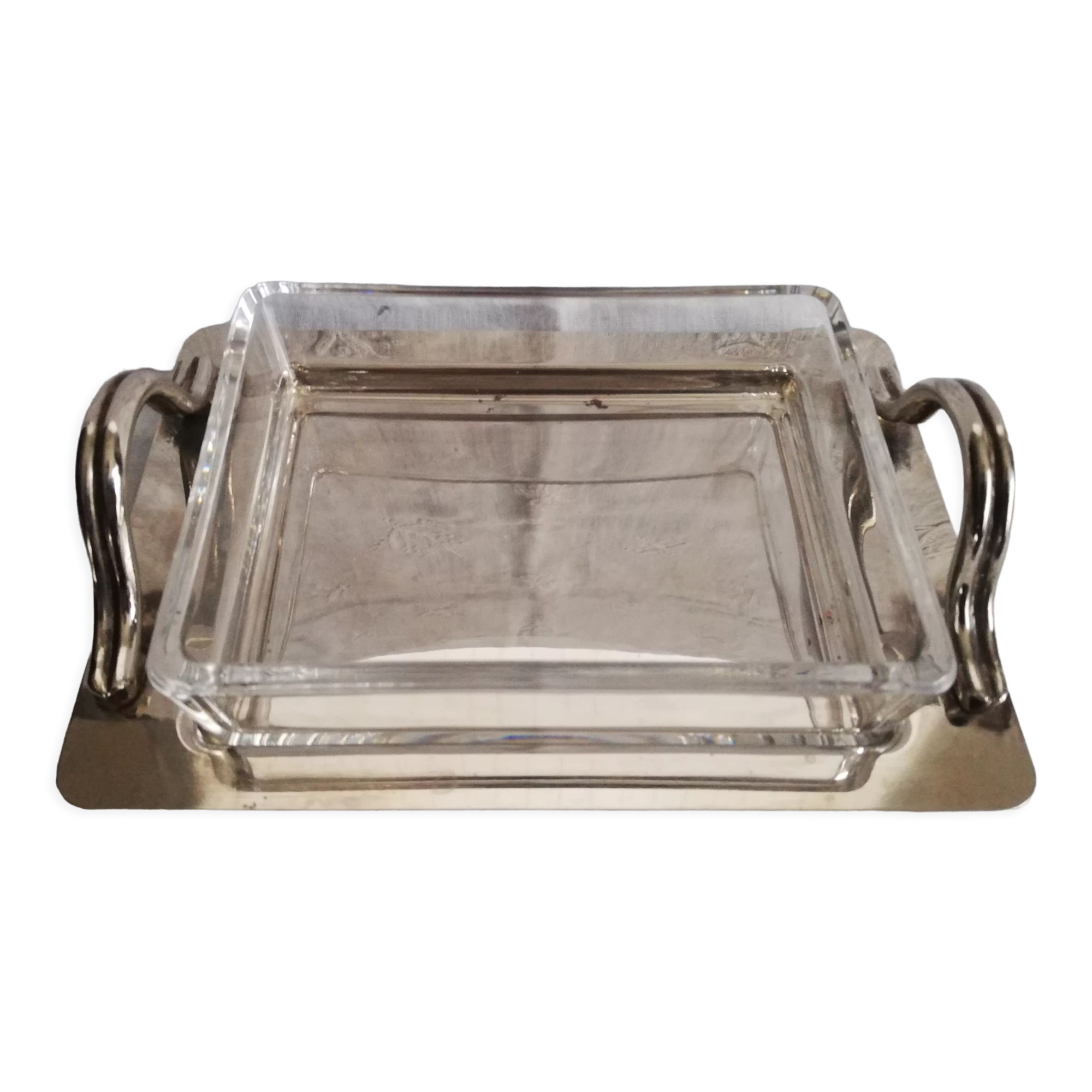 Art deco glass and silver metal butter dish