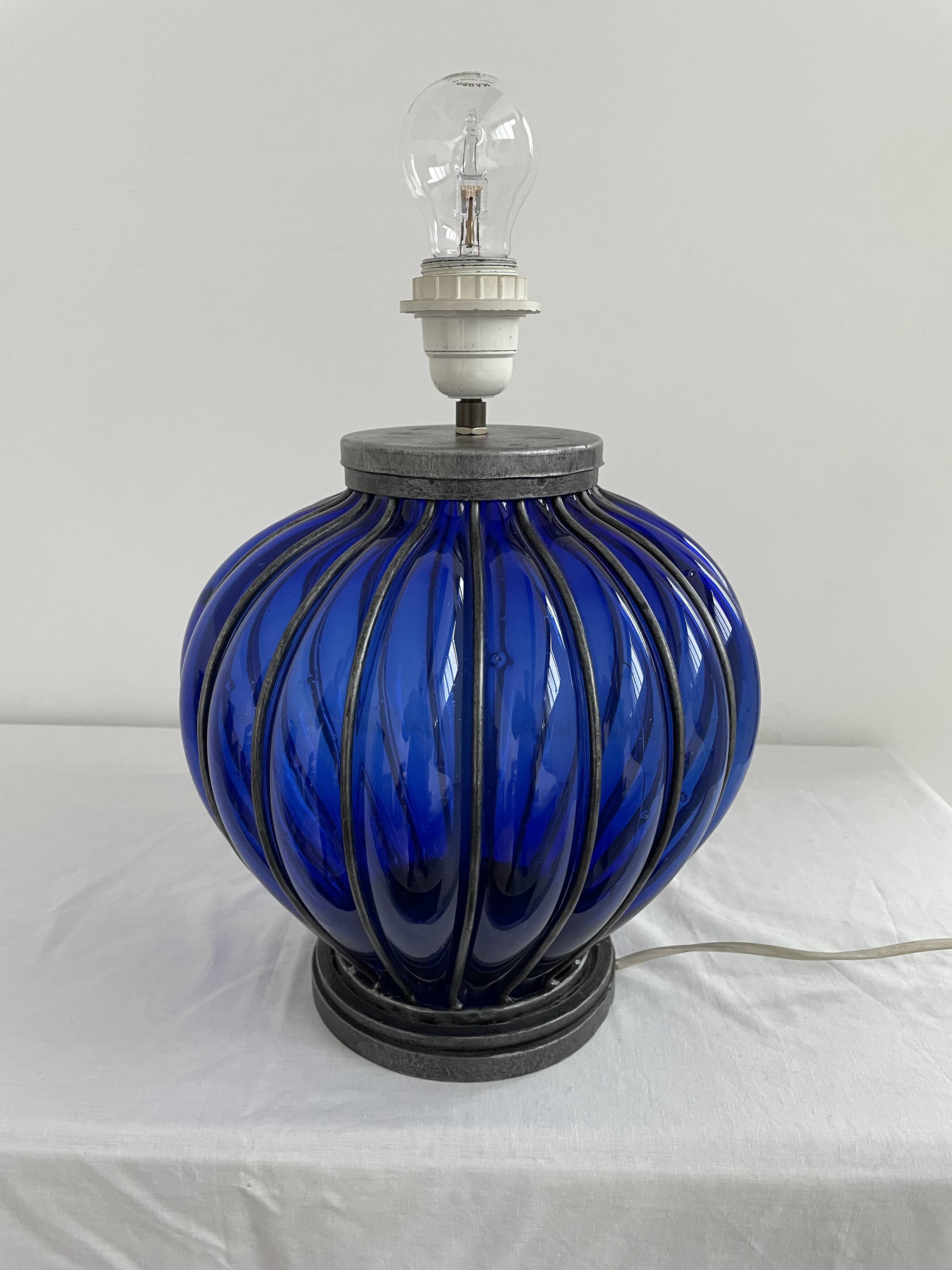 Vintage, blown glass lamp base, cobalt blue, silver metal frame, designer lamp, chic