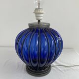 Vintage, blown glass lamp base, cobalt blue, silver metal frame, designer lamp, chic