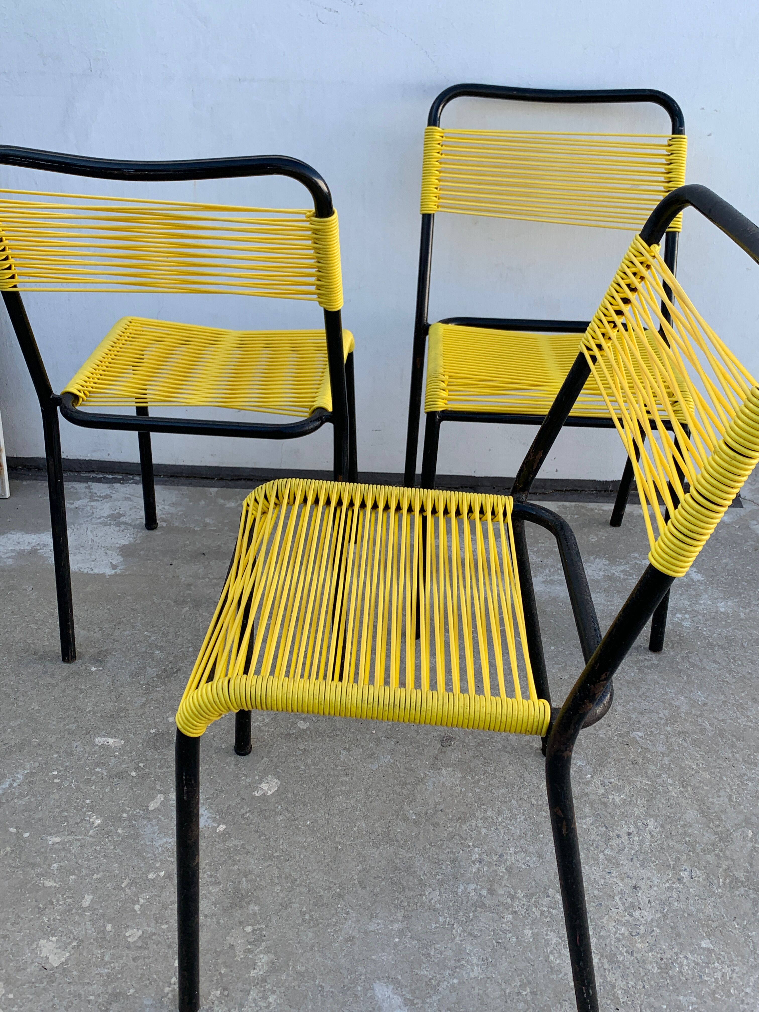 4 yellow scoubidou chairs, 1950