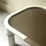 Rectangular coffee table with rounded edges, lacquered metal, brass & smoked mirror, 70s design.