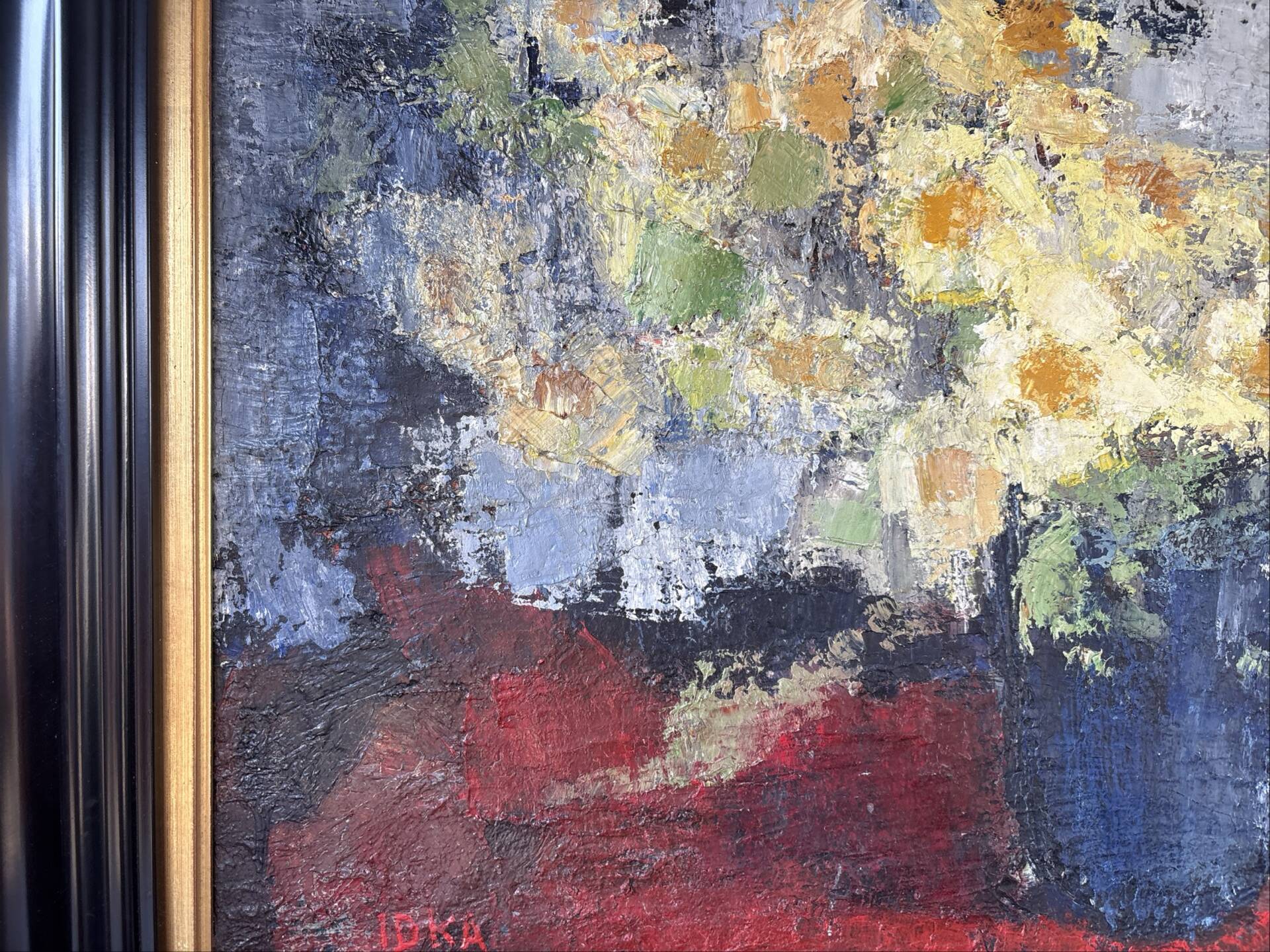 Signed painting by Idka Cohen, oil on canvas, still life with flowers, year