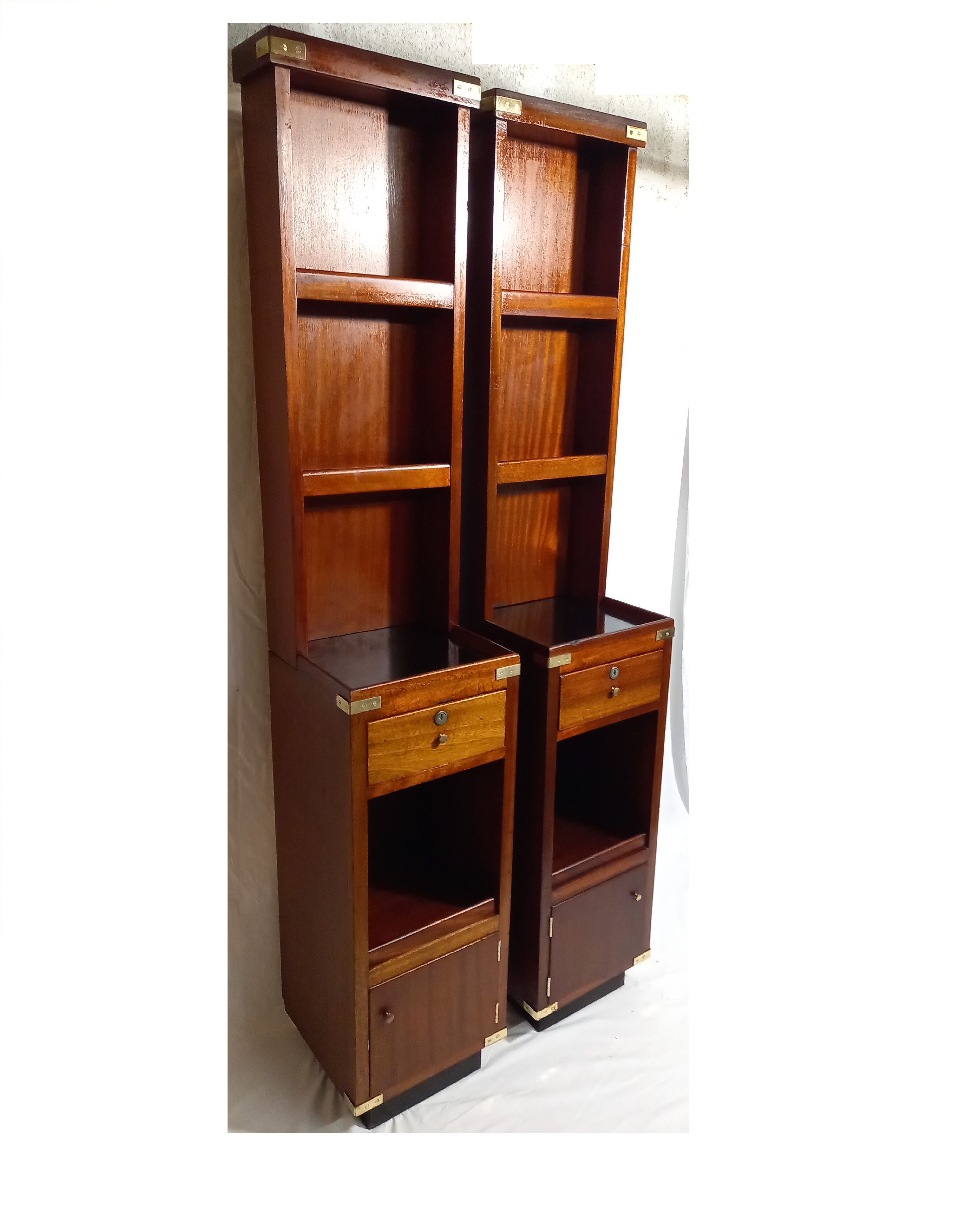 Pair of bedside tables with mahogany and brass shelf