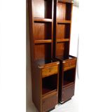Pair of bedside tables with mahogany and brass shelf