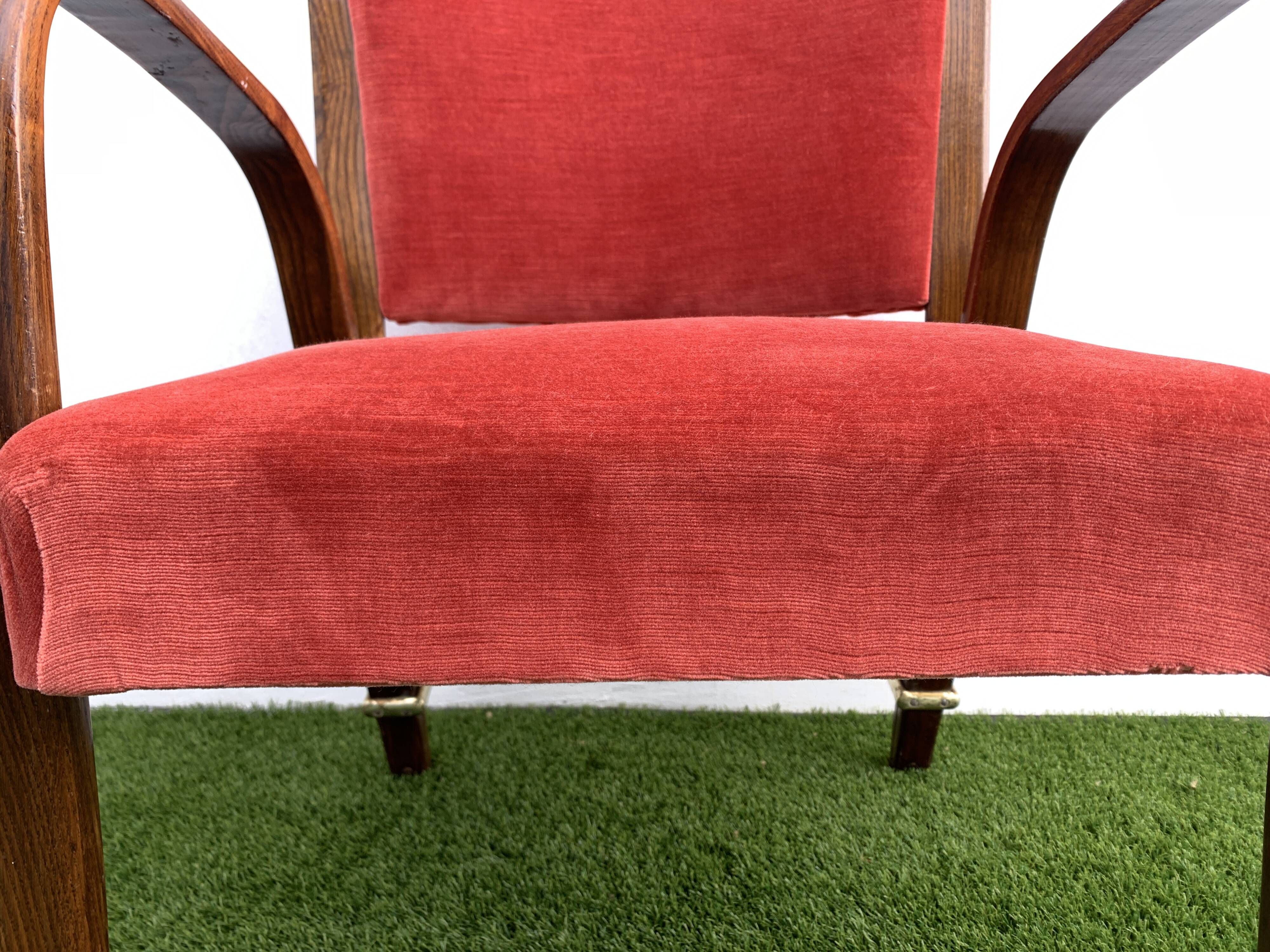 Hugues Steiner armchair, bow-wood model, curved wood and velvet, 1950