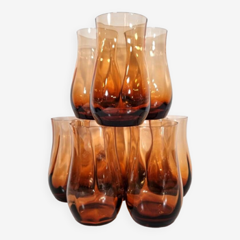 Vintage 8 verres à orangeade de couleur maron ambré à côtes 1980 - 80s