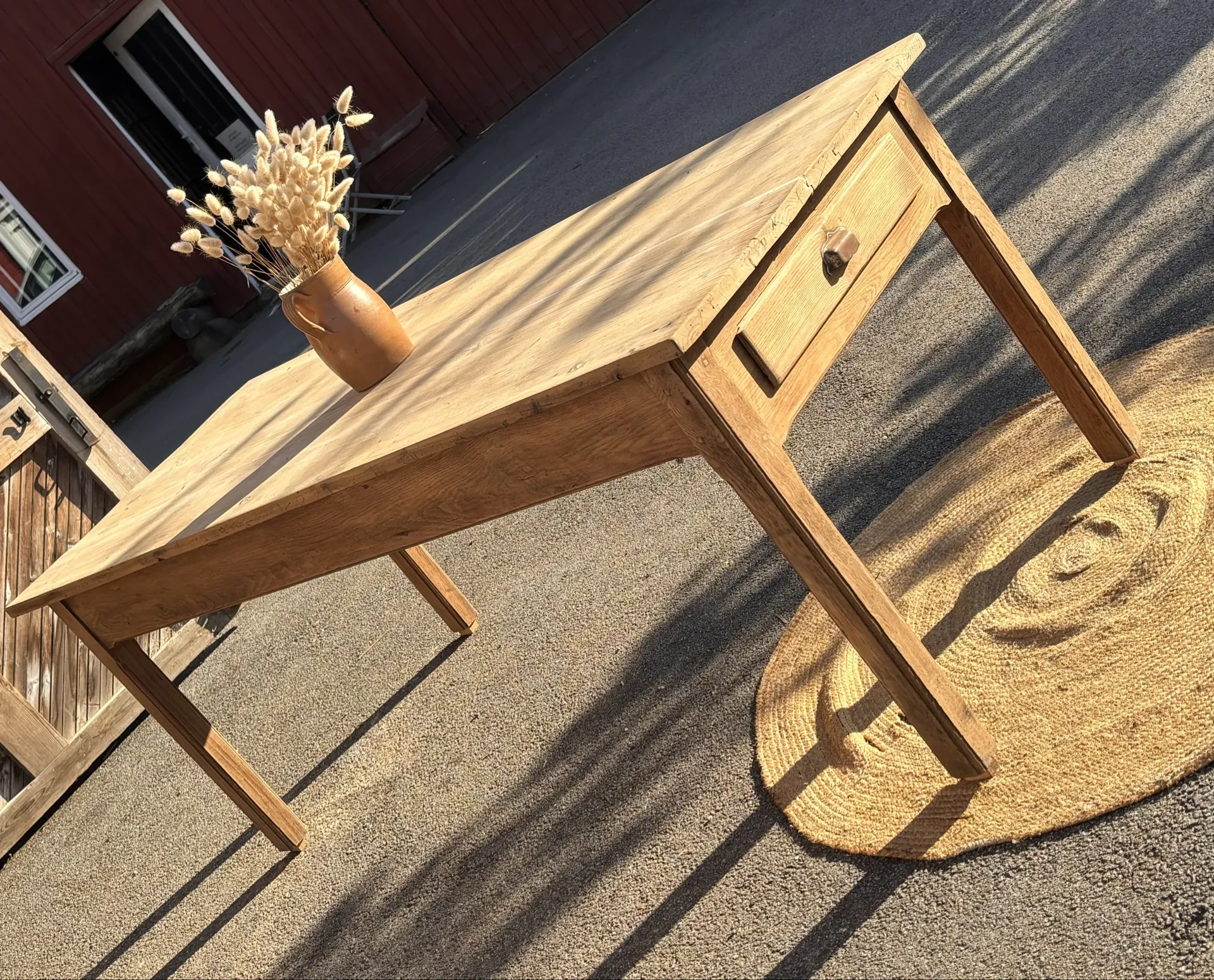 Large antique farmhouse table in solid raw oak with 1 drawer - 2m