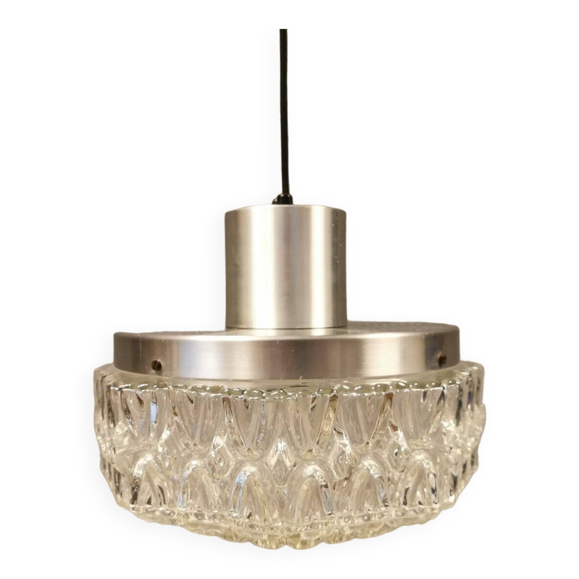 Beautiful hanging lamp in aluminium and hard-pressed crystal glass, probably Swedish