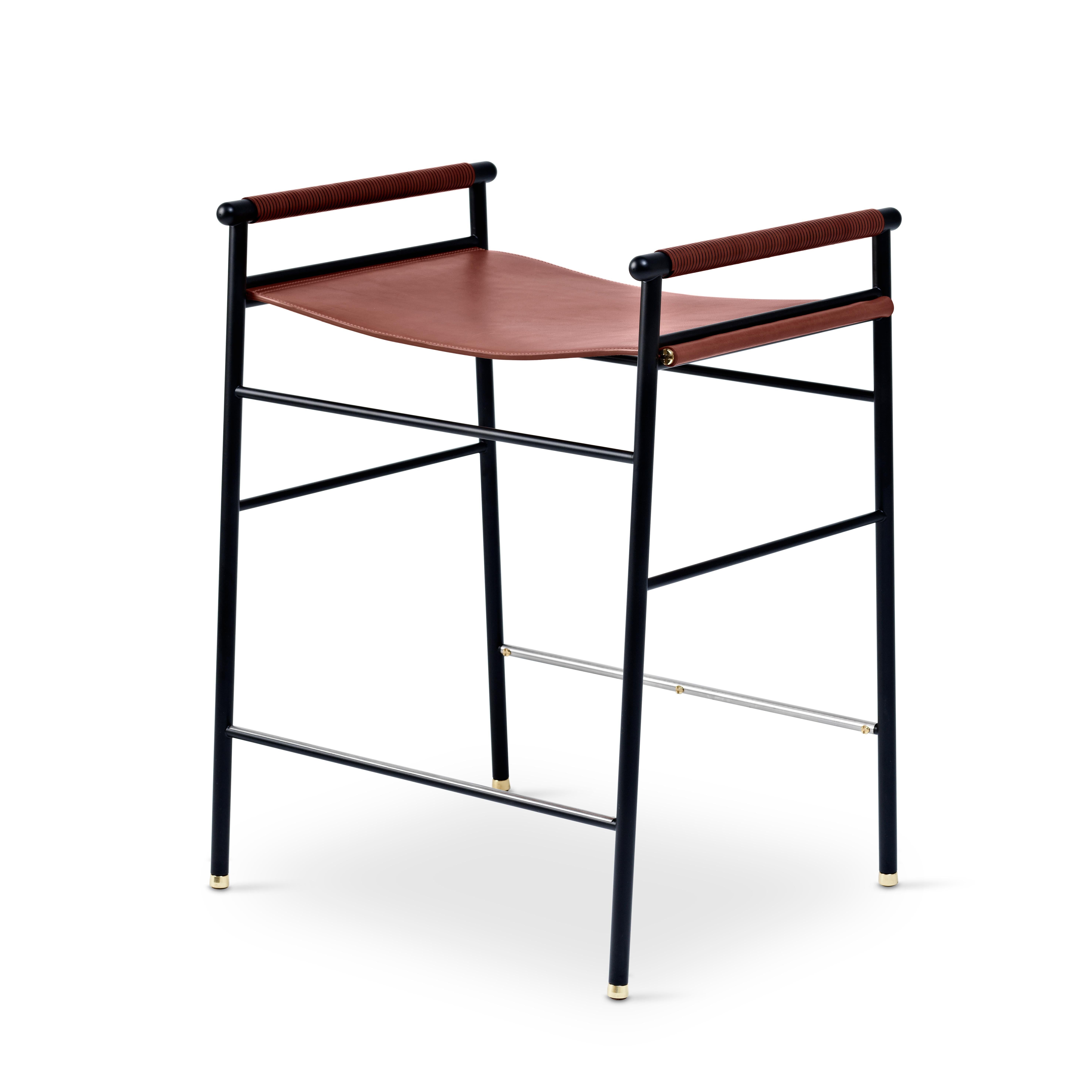 Set of 3 contemporary bar stools, cognac leather, black rubber metal.