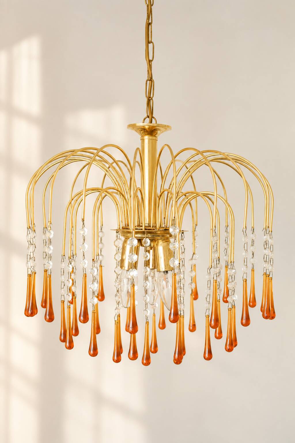Vintage chandelier with amber pendants, Murano style.