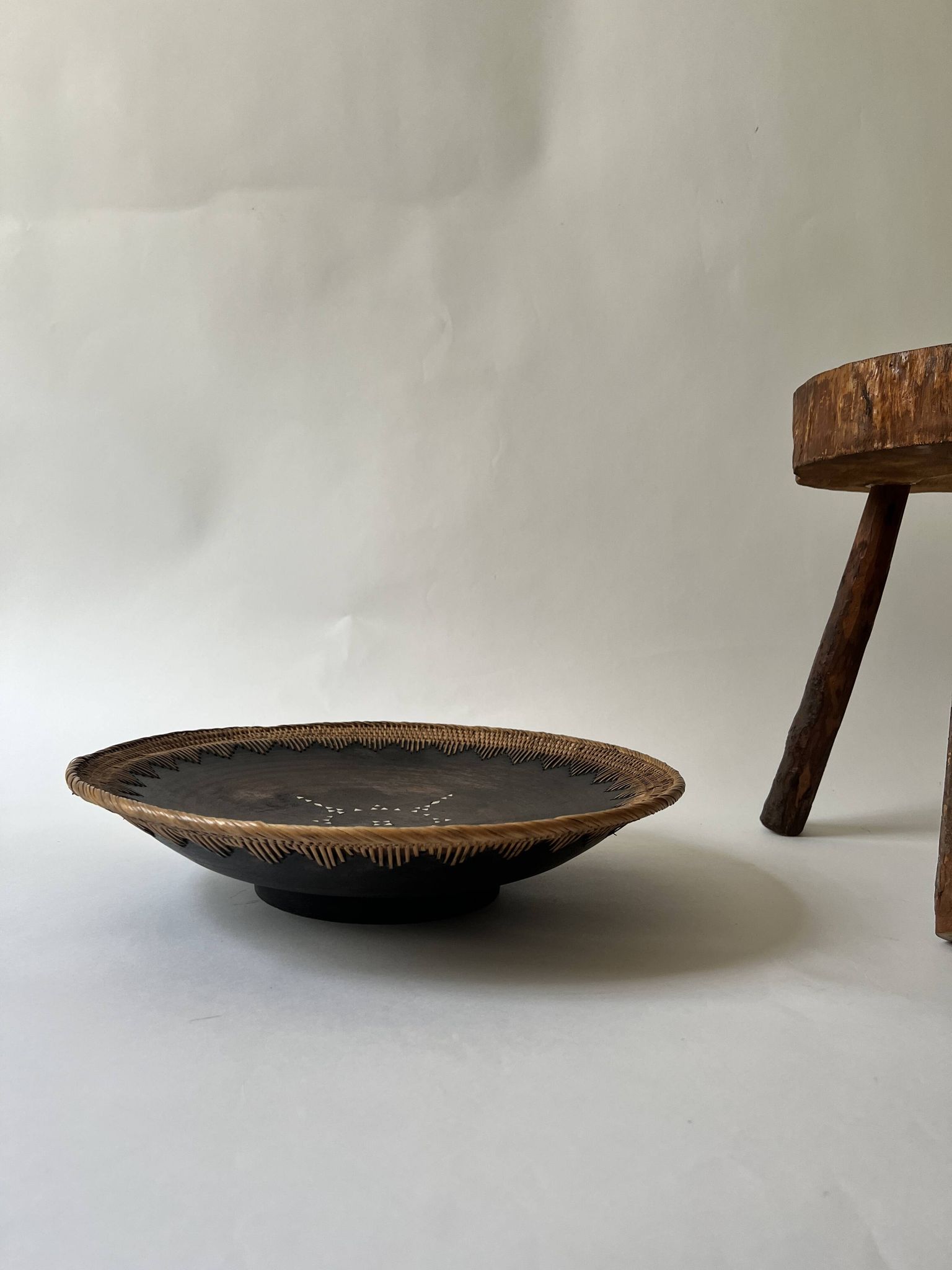 Large basket/trinket tray in blackened wood, wickerwork & mother-of-pearl