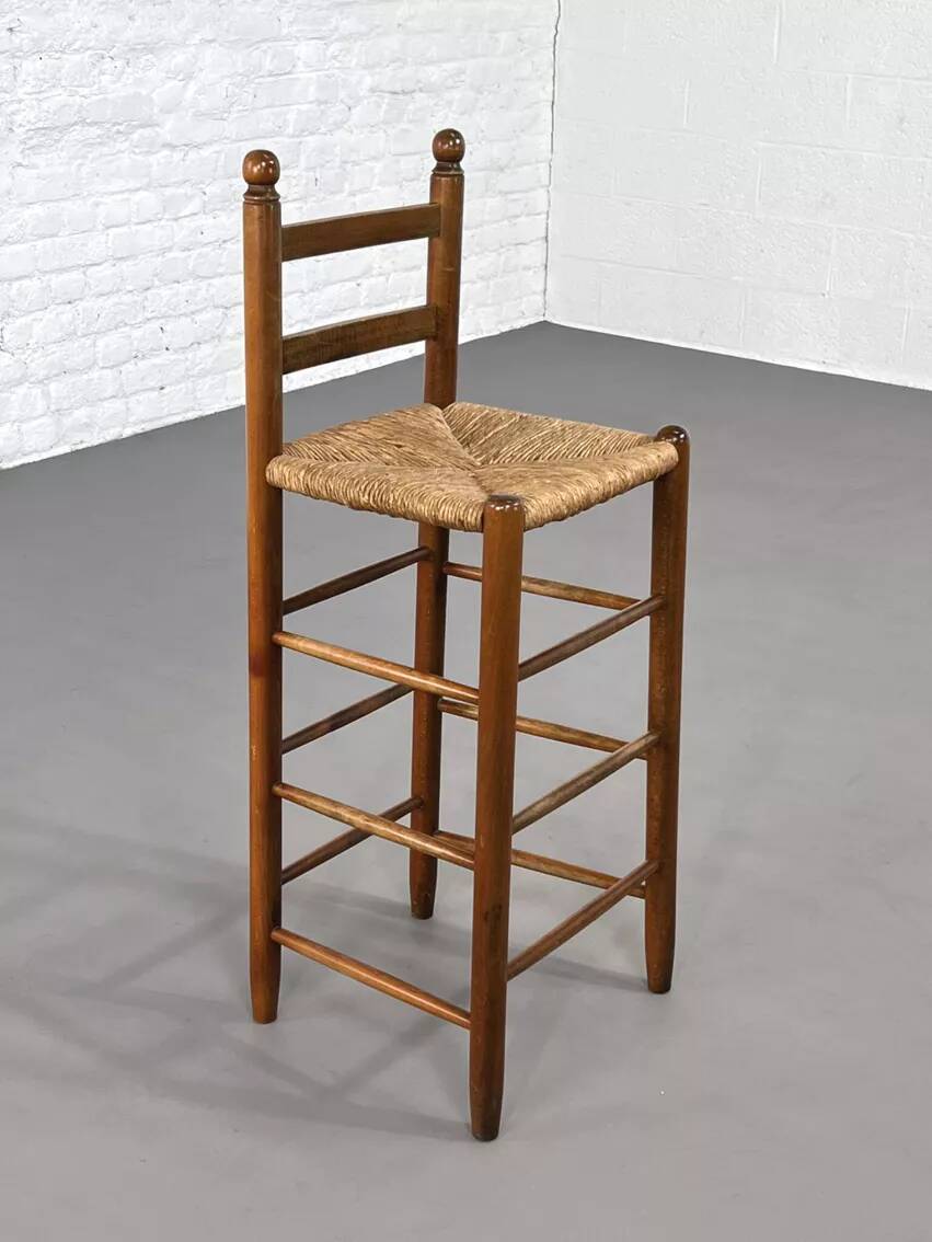 Set of 4 50s bar stools in wood and woven straw seat