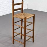 Set of 4 50s bar stools in wood and woven straw seat