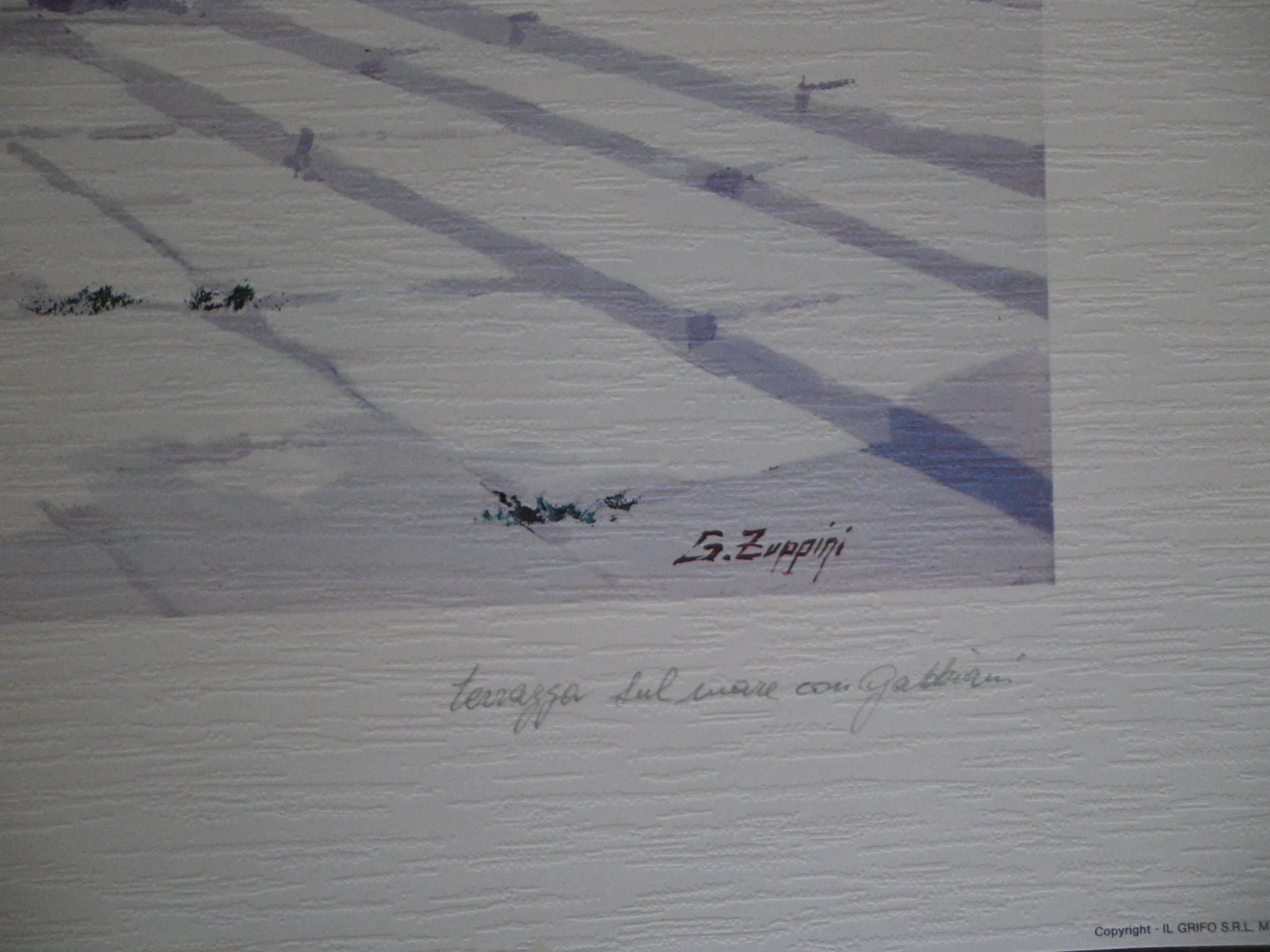 Giorgio Zuppini, Terrace by the Sea with Seagulls, Lithograph, 1970