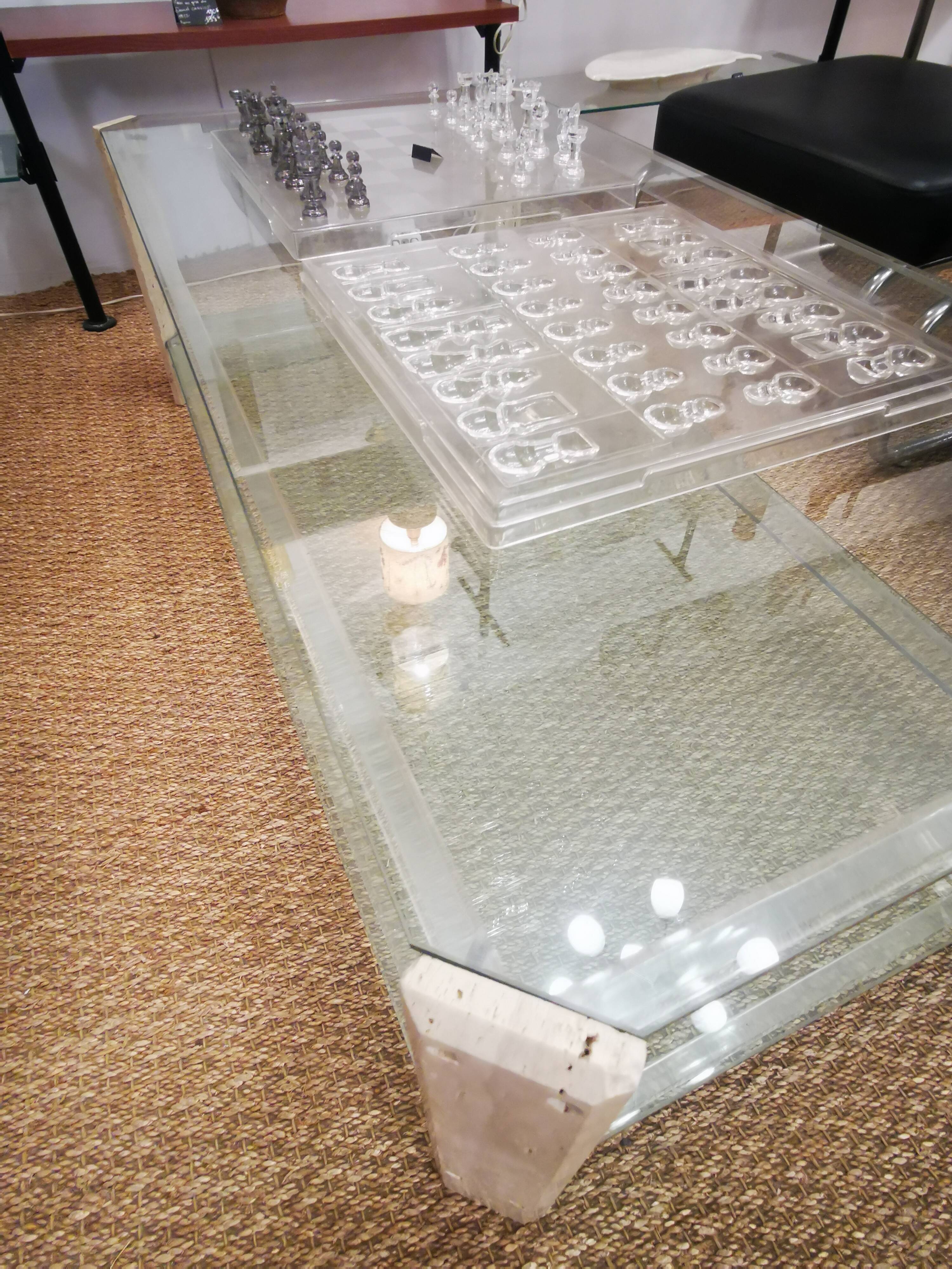 Italian travertine, perspex and glass coffee table, circa 1970