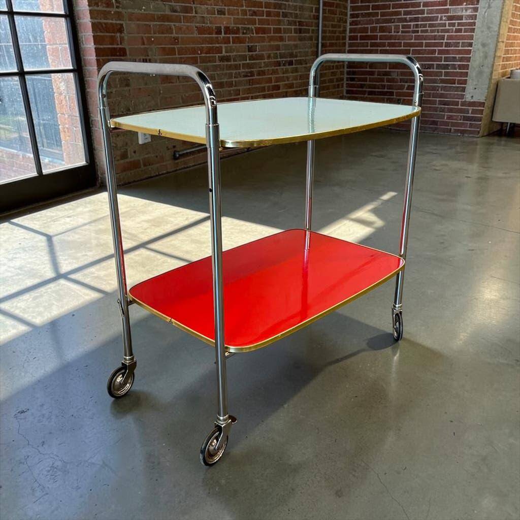 Vintage red mint and blue rolling table/bar cart/tea cart.
