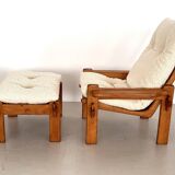 Salon de campagne italien en chêne avec nouveau revêtement en tissu bouclé, années 1970