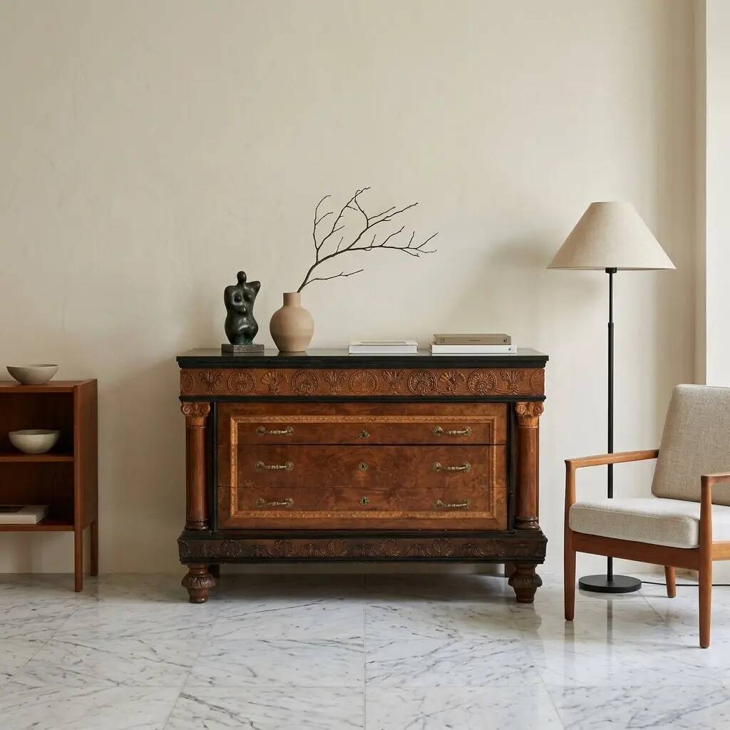 Antique walnut burl commode with marble top, Italy, 20th century.